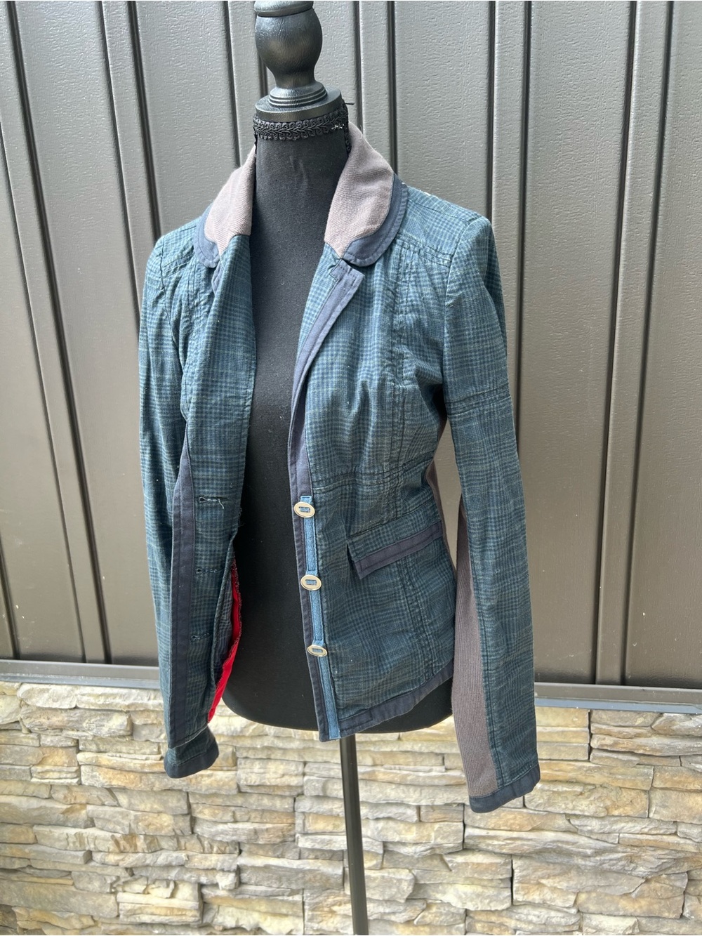 Free People Blue Plaid Tailored Blazer with Contrast Trim